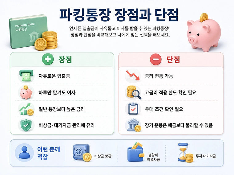 파킹통장의 장점과 단점을 한눈에 비교한 인포그래픽