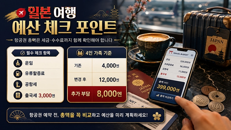 일본 여행 예산 항공권 세금 수수료 출국세 3000엔 확인